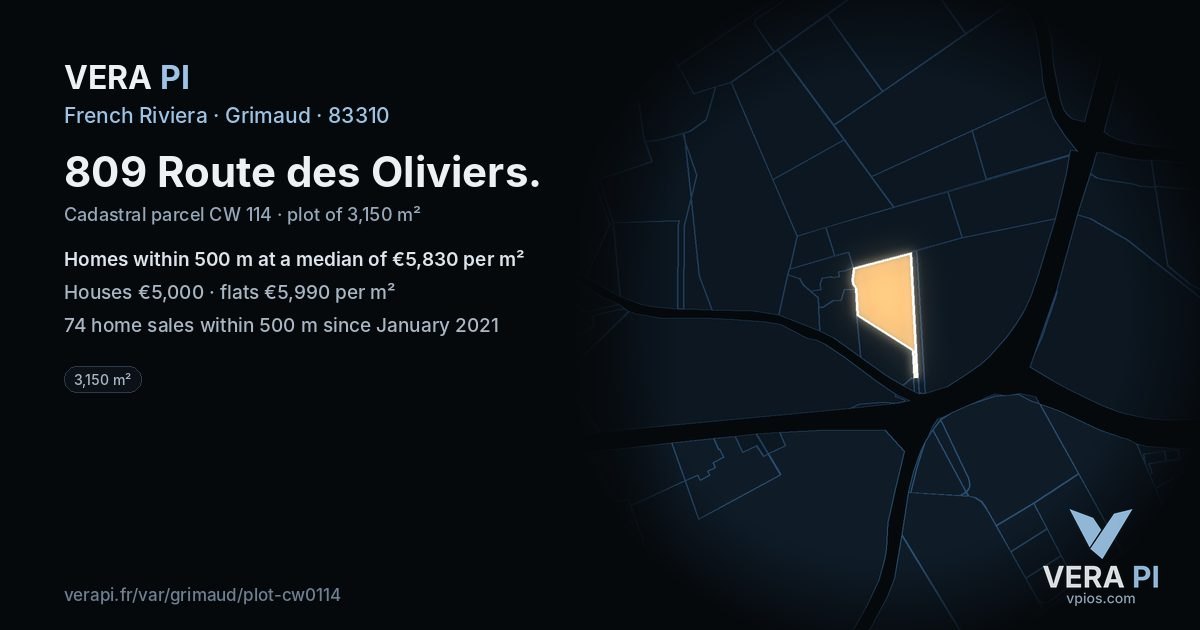 809 Route des Oliviers, Grimaud at night – the plot lit, the parcels around coloured by the prices near them