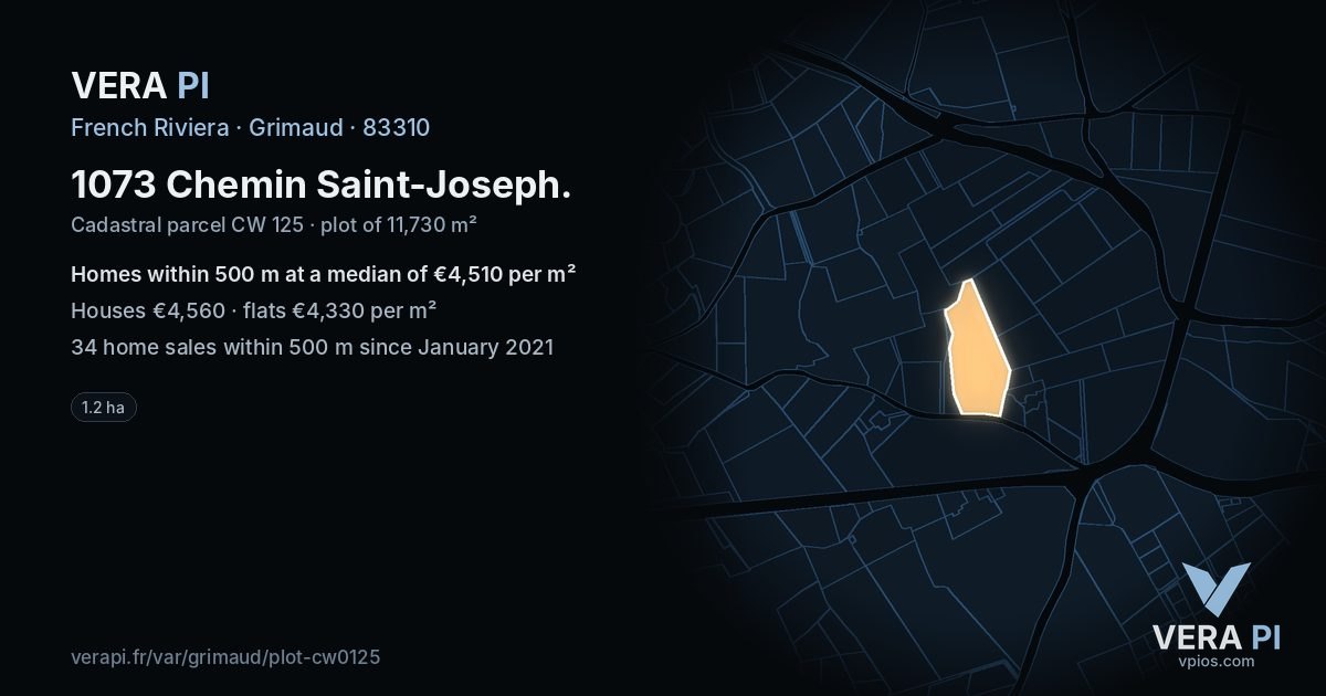 1073 Chemin Saint-Joseph, Grimaud at night – the plot lit, the parcels around coloured by the prices near them