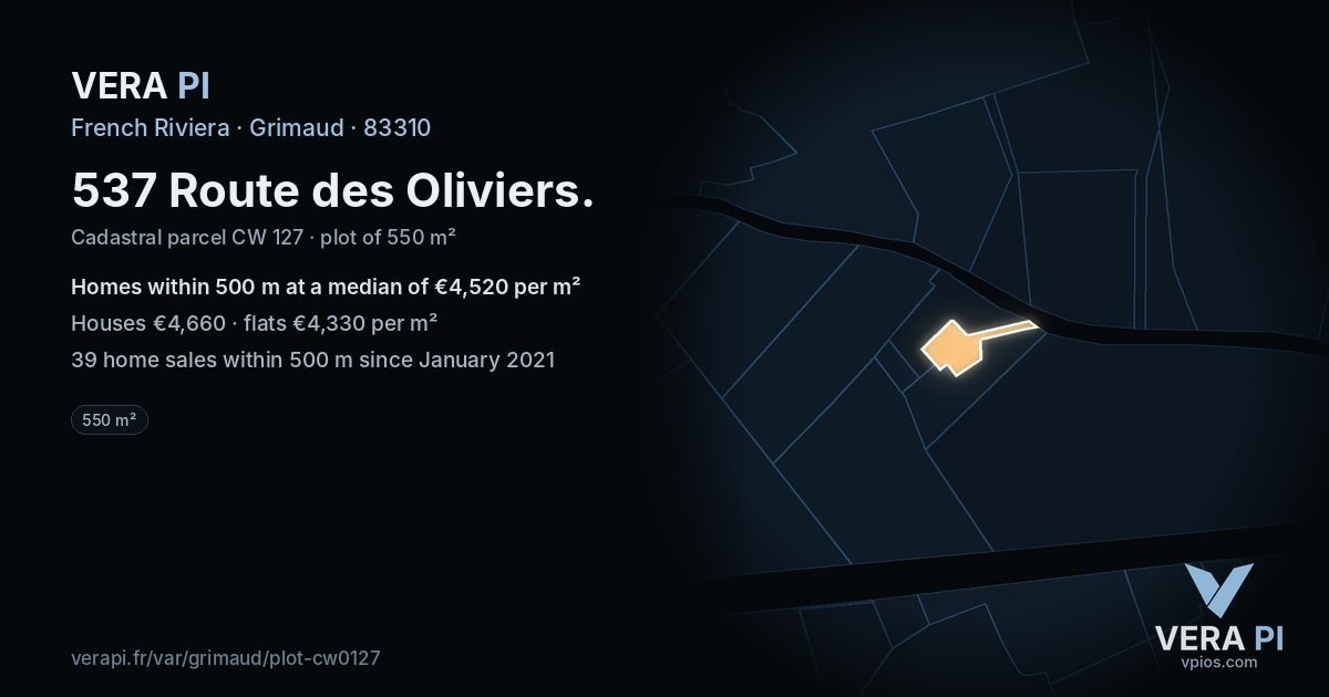 537 Route des Oliviers, Grimaud at night – the plot lit, the parcels around coloured by the prices near them