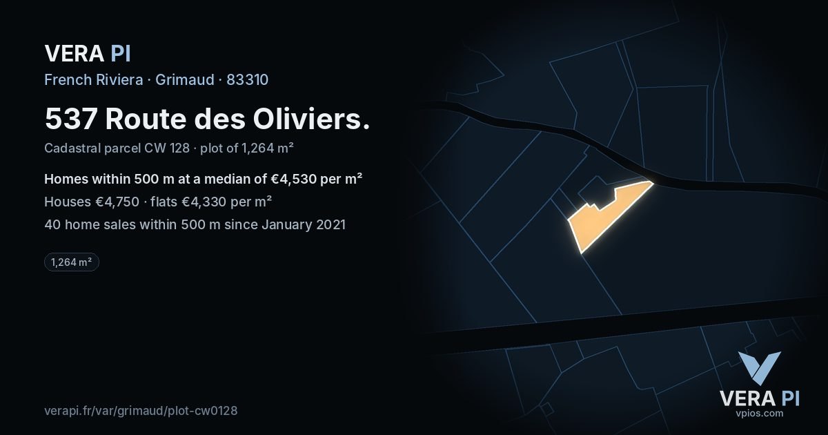 537 Route des Oliviers, Grimaud at night – the plot lit, the parcels around coloured by the prices near them