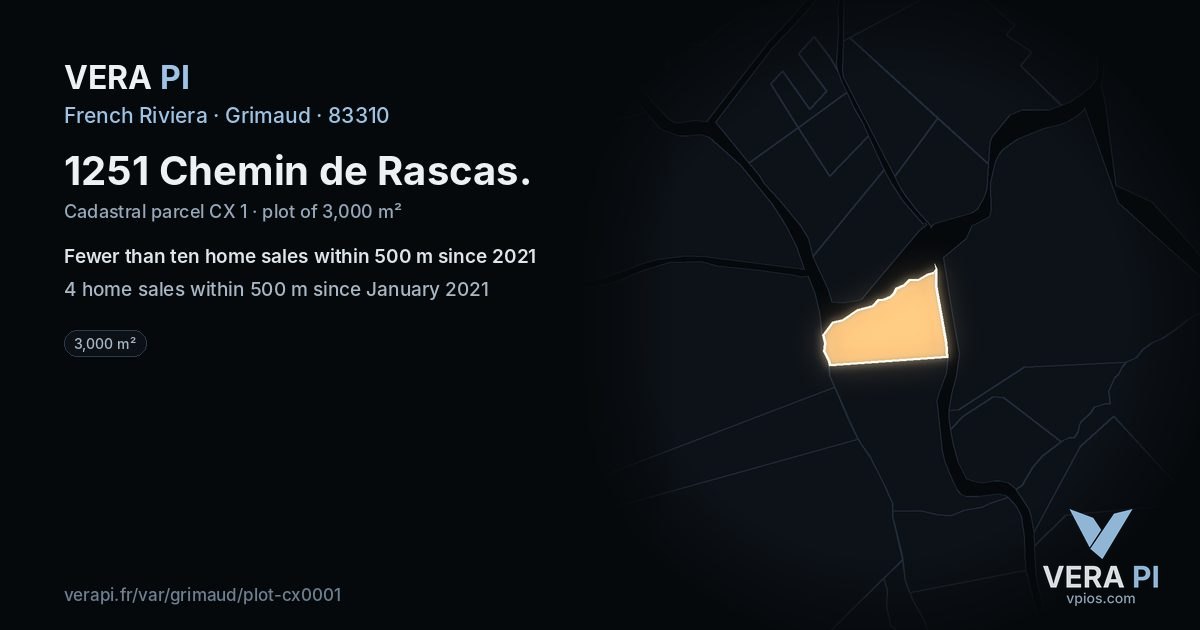 1251 Chemin de Rascas, Grimaud at night – the plot lit, the parcels around coloured by the prices near them