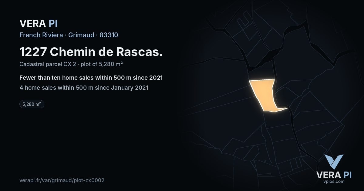 1227 Chemin de Rascas, Grimaud at night – the plot lit, the parcels around coloured by the prices near them