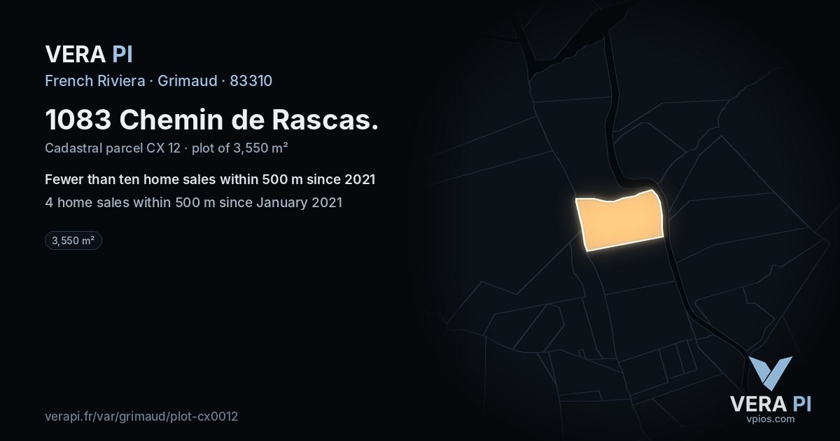 1083 Chemin de Rascas, Grimaud at night – the plot lit, the parcels around coloured by the prices near them