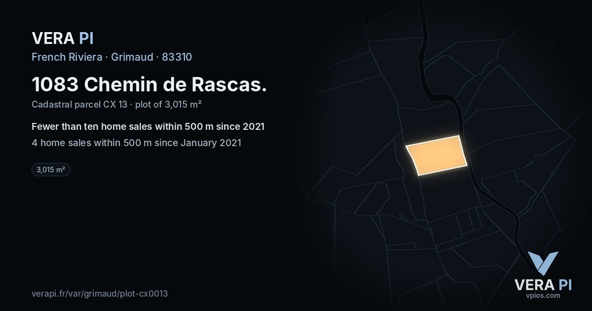 1083 Chemin de Rascas, Grimaud at night – the plot lit, the parcels around coloured by the prices near them