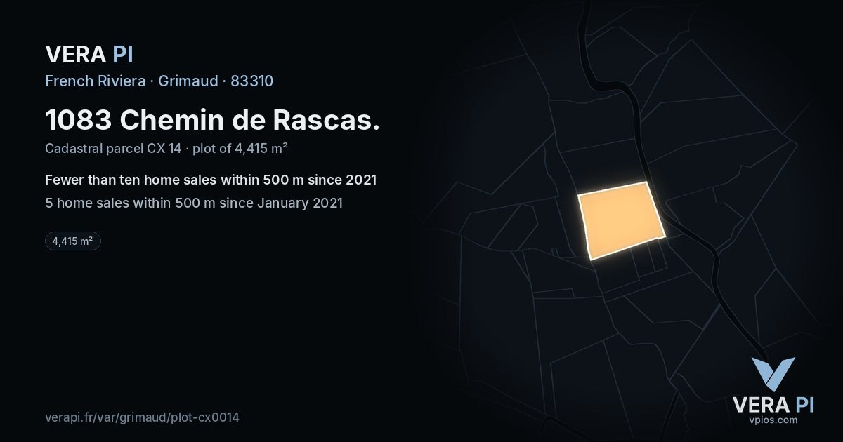 1083 Chemin de Rascas, Grimaud at night – the plot lit, the parcels around coloured by the prices near them
