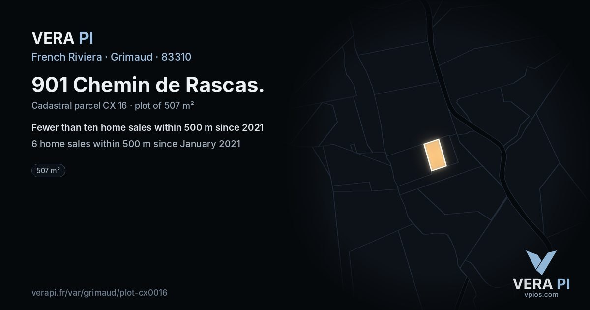 901 Chemin de Rascas, Grimaud at night – the plot lit, the parcels around coloured by the prices near them