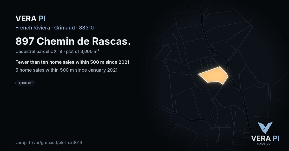 897 Chemin de Rascas, Grimaud at night – the plot lit, the parcels around coloured by the prices near them