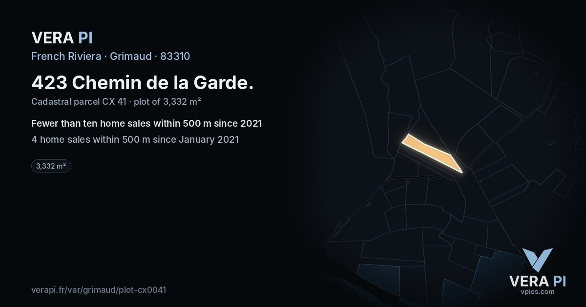 423 Chemin de la Garde, Grimaud at night – the plot lit, the parcels around coloured by the prices near them