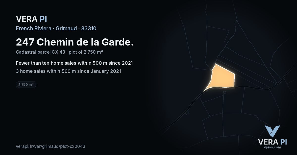 247 Chemin de la Garde, Grimaud at night – the plot lit, the parcels around coloured by the prices near them