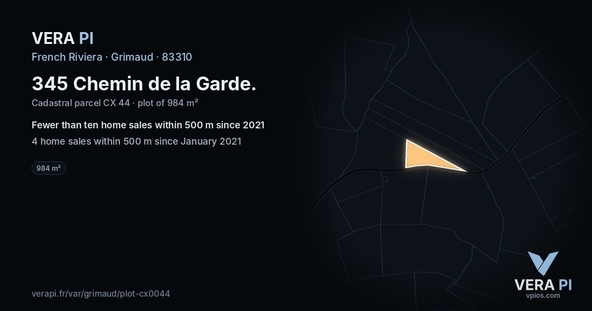 345 Chemin de la Garde, Grimaud at night – the plot lit, the parcels around coloured by the prices near them