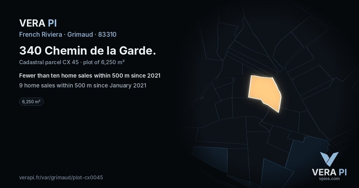 340 Chemin de la Garde, Grimaud at night – the plot lit, the parcels around coloured by the prices near them