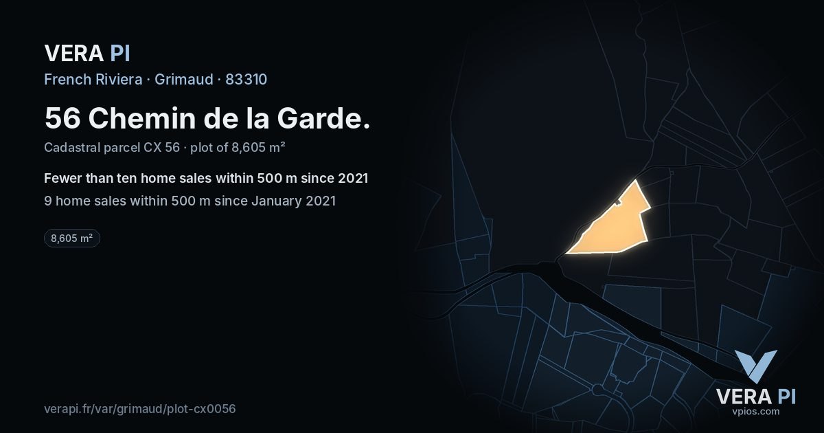 56 Chemin de la Garde, Grimaud at night – the plot lit, the parcels around coloured by the prices near them