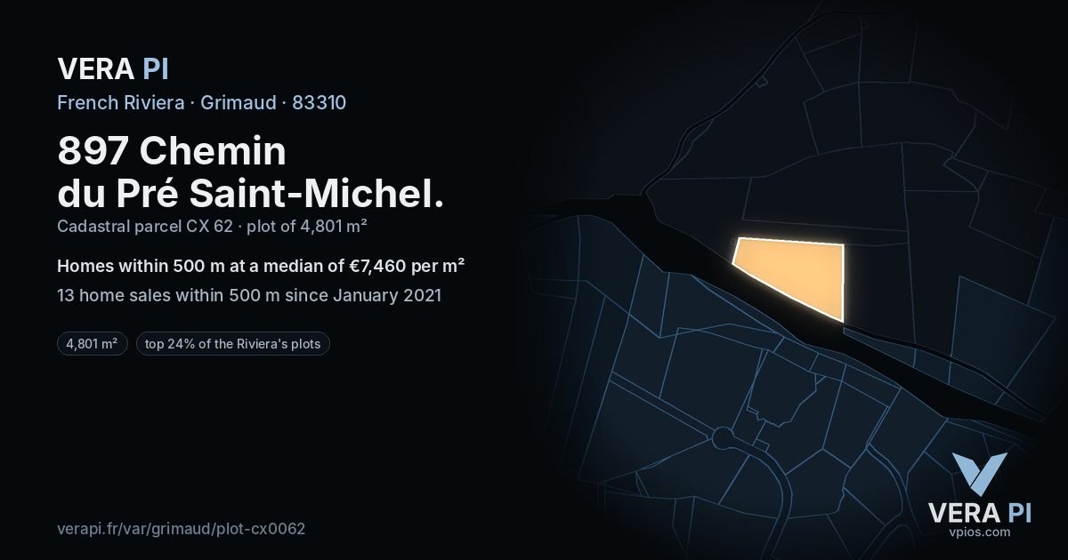 897 Chemin du Pré Saint-Michel, Grimaud at night – the plot lit, the parcels around coloured by the prices near them