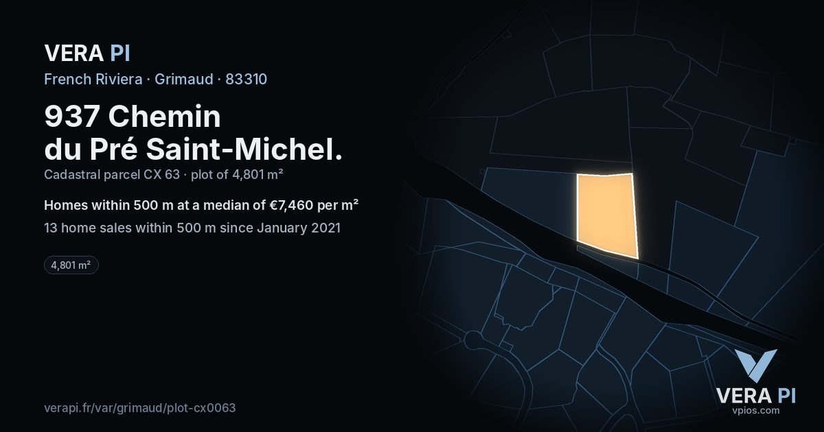 937 Chemin du Pré Saint-Michel, Grimaud at night – the plot lit, the parcels around coloured by the prices near them