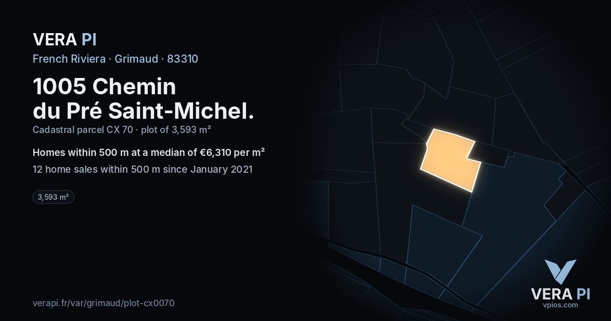 1005 Chemin du Pré Saint-Michel, Grimaud at night – the plot lit, the parcels around coloured by the prices near them
