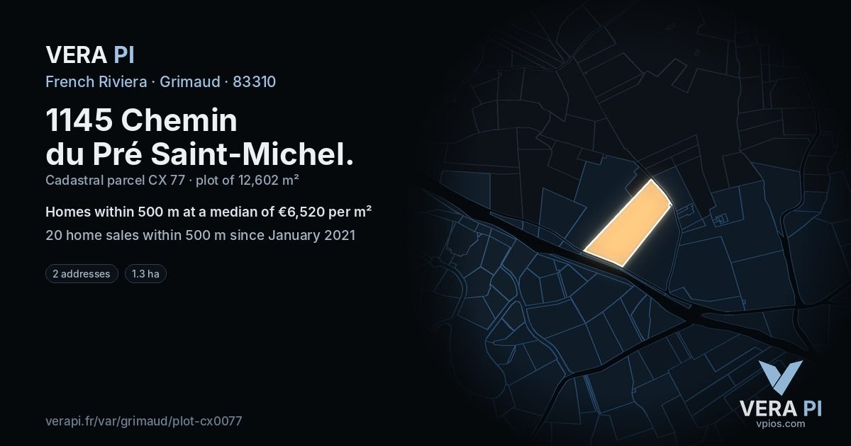 1145 Chemin du Pré Saint-Michel, Grimaud at night – the plot lit, the parcels around coloured by the prices near them