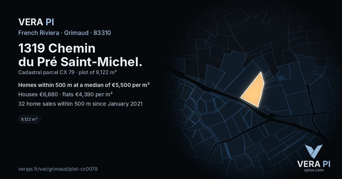 1319 Chemin du Pré Saint-Michel, Grimaud at night – the plot lit, the parcels around coloured by the prices near them