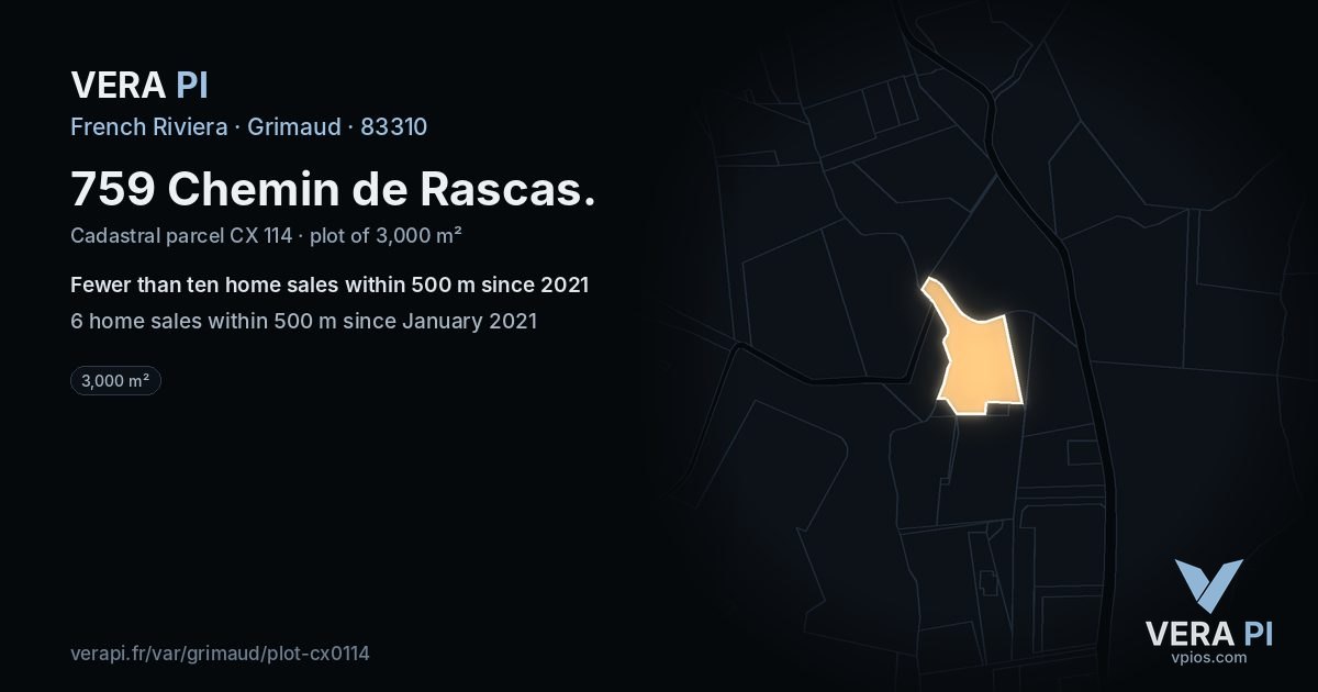 759 Chemin de Rascas, Grimaud at night – the plot lit, the parcels around coloured by the prices near them