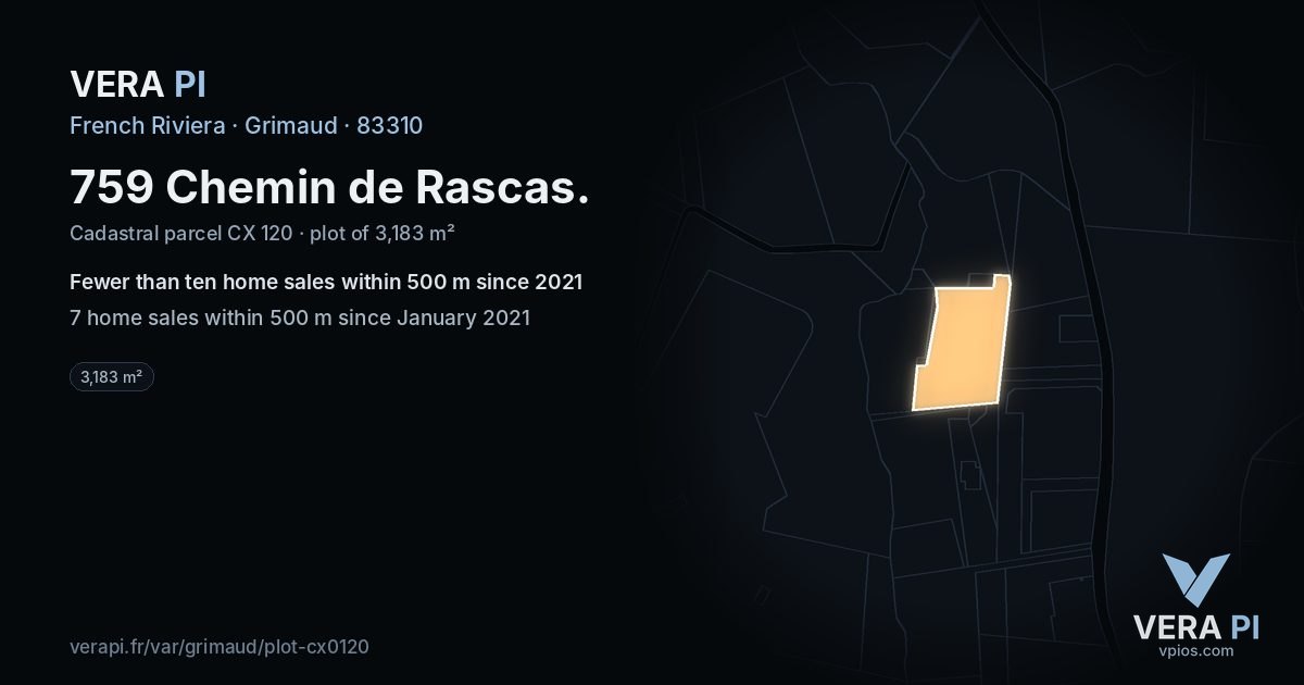 759 Chemin de Rascas, Grimaud at night – the plot lit, the parcels around coloured by the prices near them
