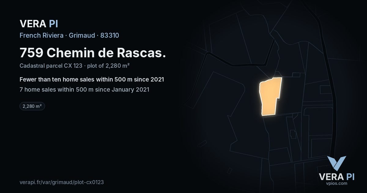 759 Chemin de Rascas, Grimaud at night – the plot lit, the parcels around coloured by the prices near them