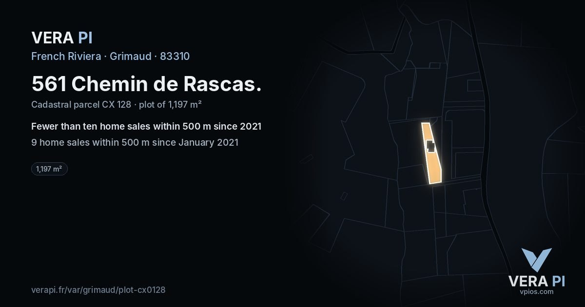 561 Chemin de Rascas, Grimaud at night – the plot lit, the parcels around coloured by the prices near them