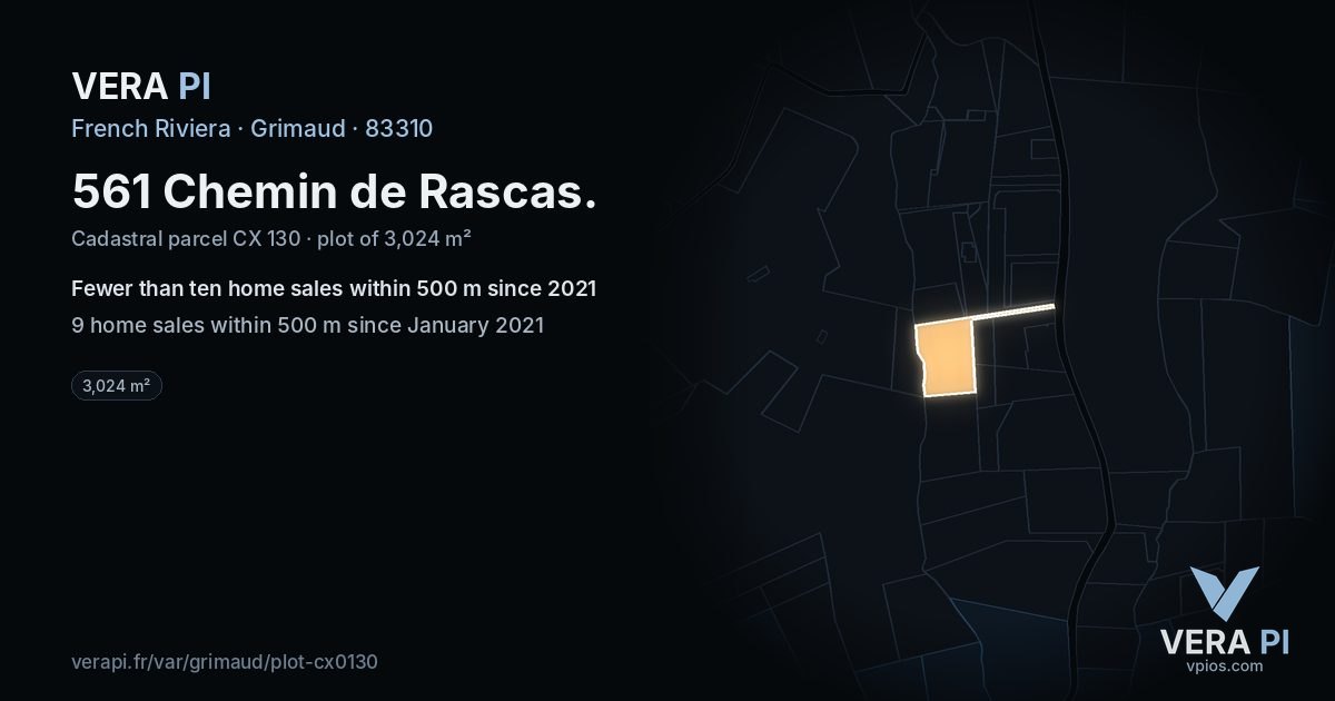 561 Chemin de Rascas, Grimaud at night – the plot lit, the parcels around coloured by the prices near them