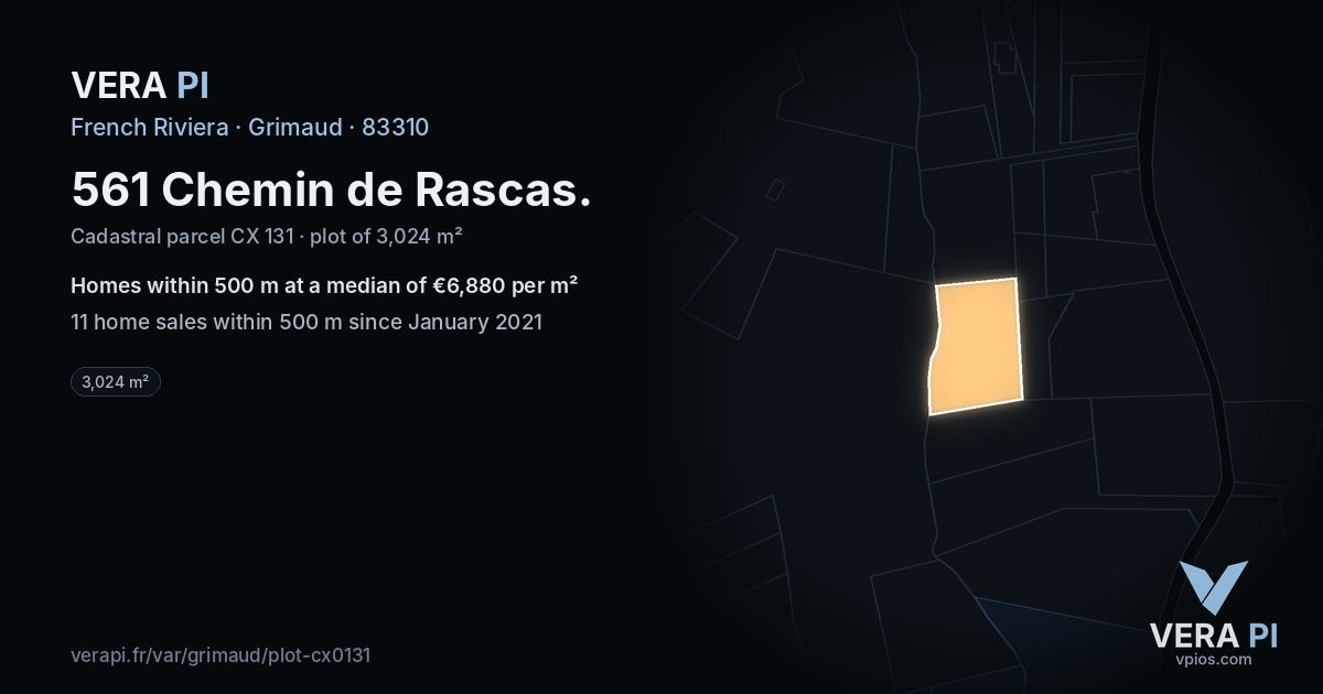 561 Chemin de Rascas, Grimaud at night – the plot lit, the parcels around coloured by the prices near them