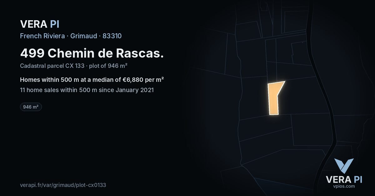 499 Chemin de Rascas, Grimaud at night – the plot lit, the parcels around coloured by the prices near them