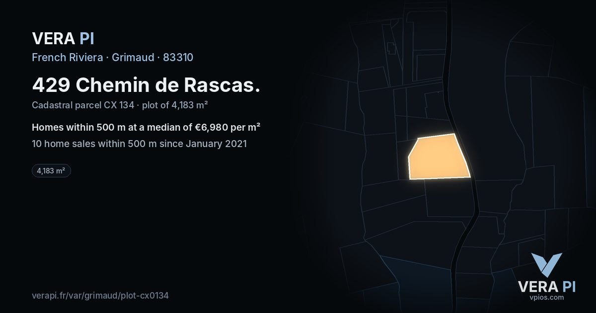 429 Chemin de Rascas, Grimaud at night – the plot lit, the parcels around coloured by the prices near them