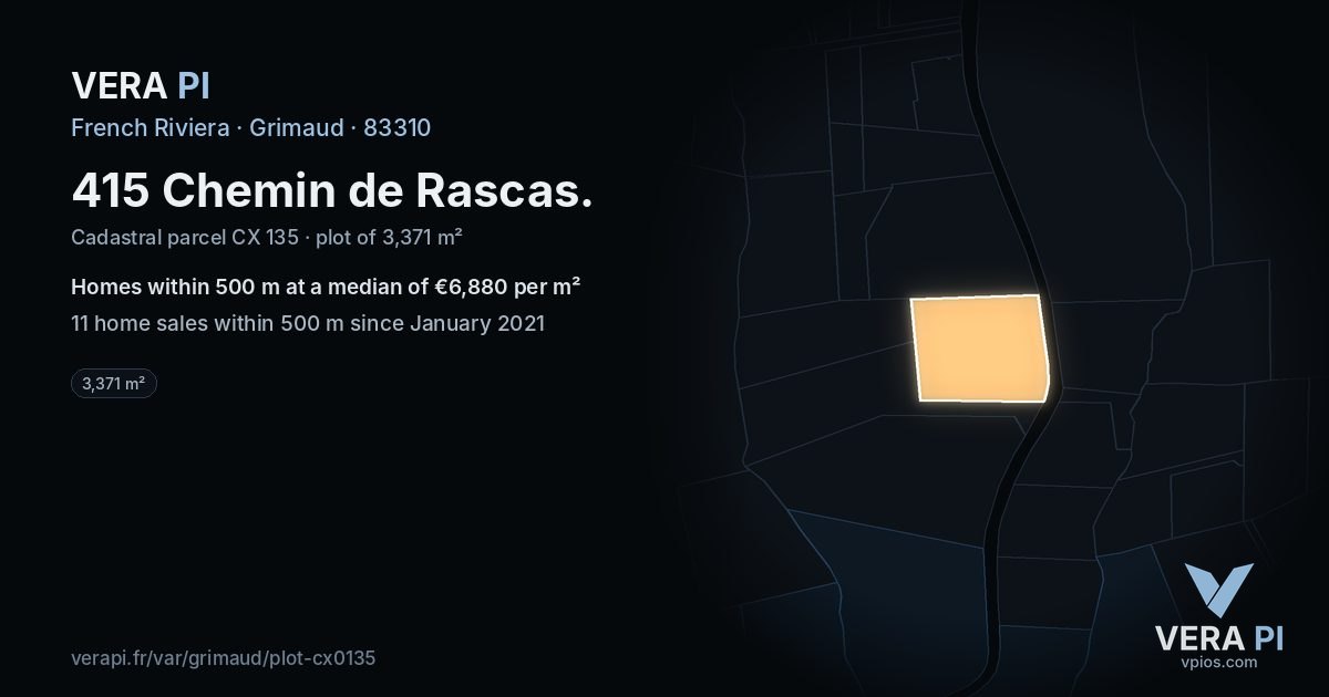 415 Chemin de Rascas, Grimaud at night – the plot lit, the parcels around coloured by the prices near them