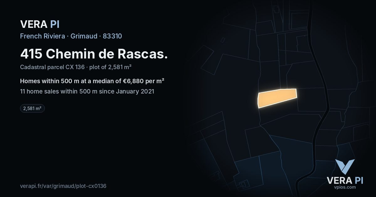 415 Chemin de Rascas, Grimaud at night – the plot lit, the parcels around coloured by the prices near them