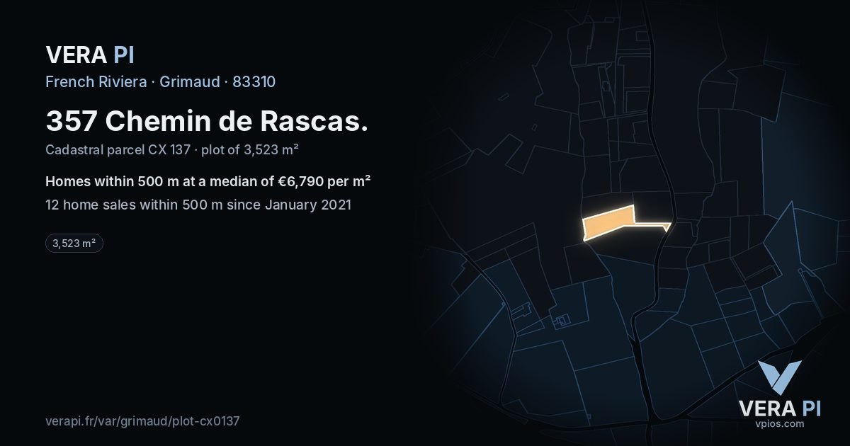 357 Chemin de Rascas, Grimaud at night – the plot lit, the parcels around coloured by the prices near them