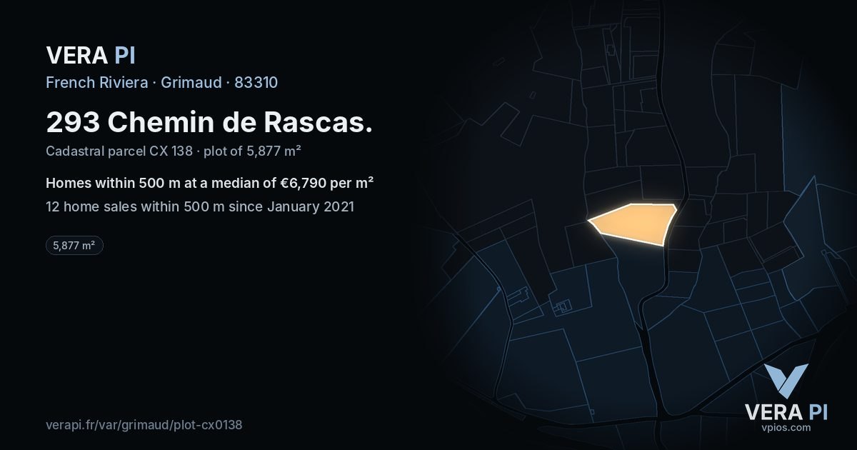 293 Chemin de Rascas, Grimaud at night – the plot lit, the parcels around coloured by the prices near them