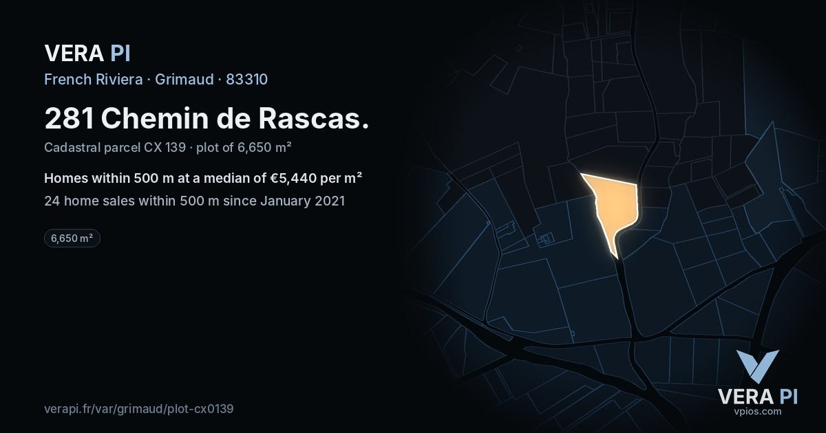 281 Chemin de Rascas, Grimaud at night – the plot lit, the parcels around coloured by the prices near them