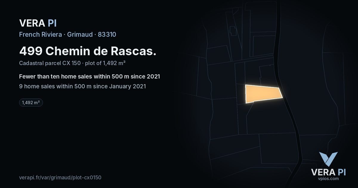 499 Chemin de Rascas, Grimaud at night – the plot lit, the parcels around coloured by the prices near them