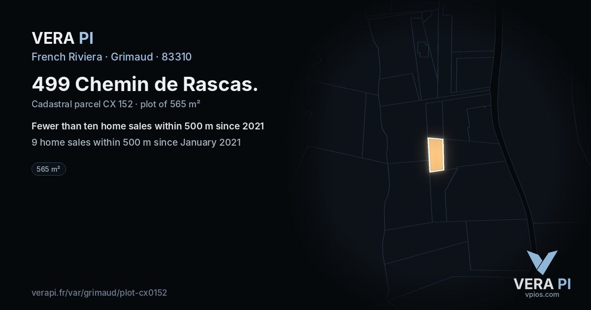 499 Chemin de Rascas, Grimaud at night – the plot lit, the parcels around coloured by the prices near them
