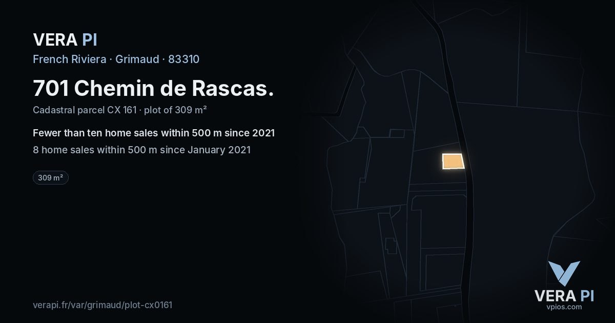 701 Chemin de Rascas, Grimaud at night – the plot lit, the parcels around coloured by the prices near them
