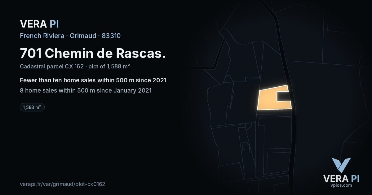 701 Chemin de Rascas, Grimaud at night – the plot lit, the parcels around coloured by the prices near them