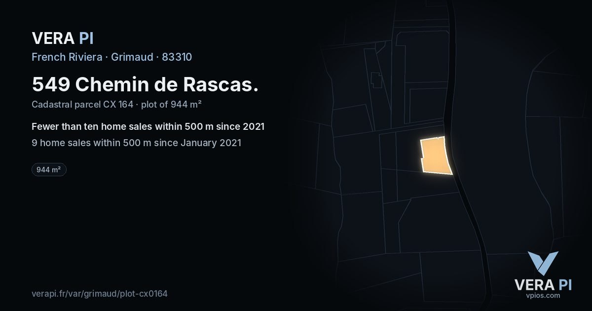 549 Chemin de Rascas, Grimaud at night – the plot lit, the parcels around coloured by the prices near them