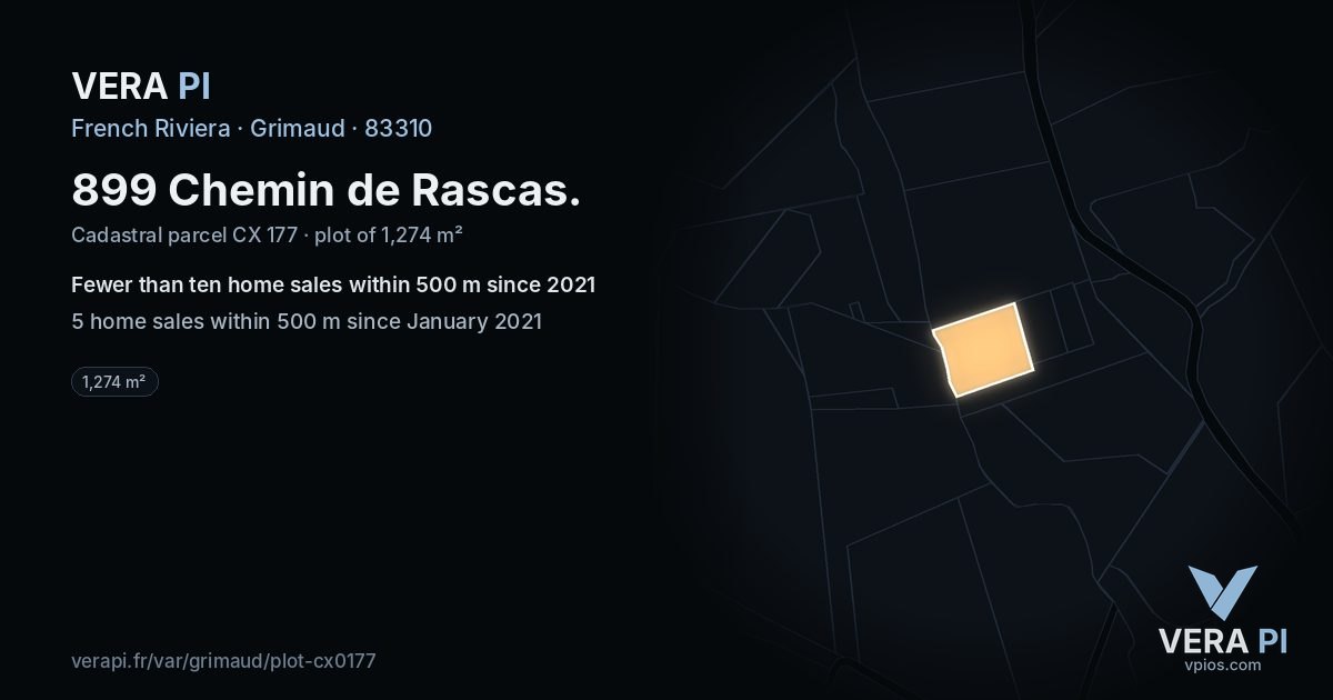 899 Chemin de Rascas, Grimaud at night – the plot lit, the parcels around coloured by the prices near them