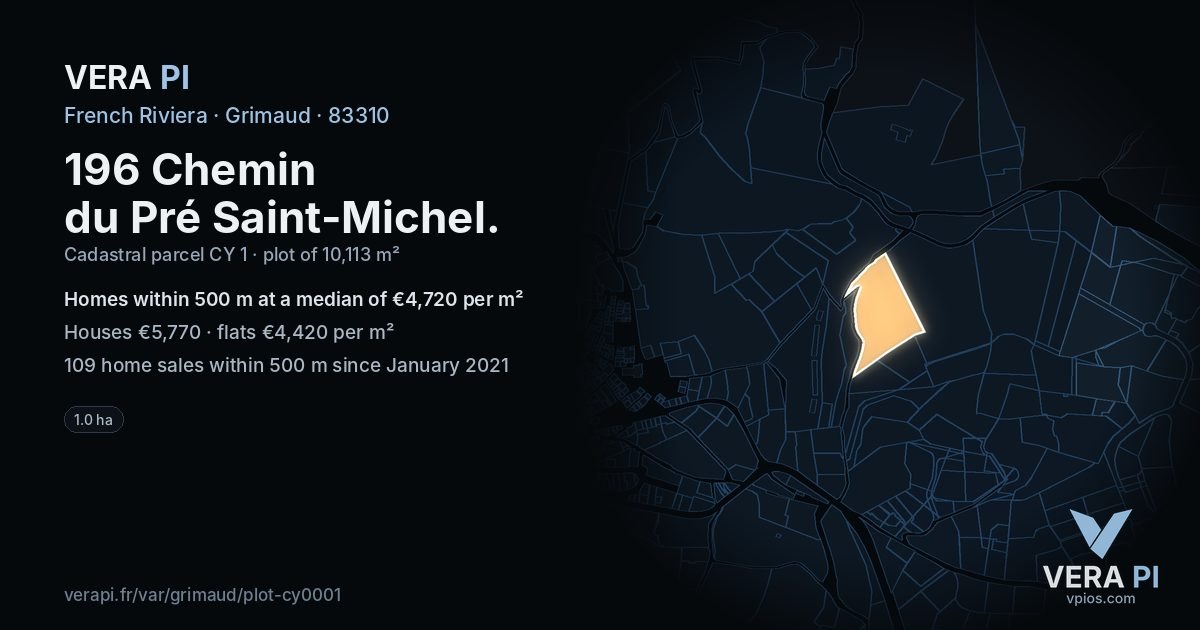 196 Chemin du Pré Saint-Michel, Grimaud at night – the plot lit, the parcels around coloured by the prices near them