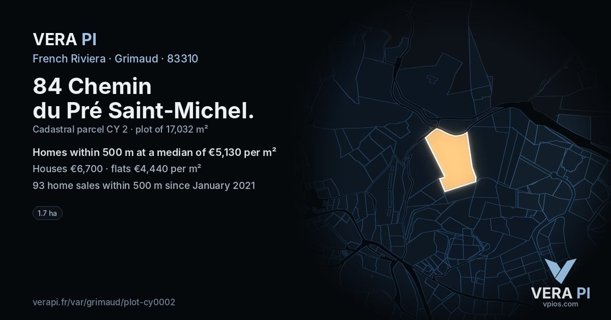 84 Chemin du Pré Saint-Michel, Grimaud at night – the plot lit, the parcels around coloured by the prices near them
