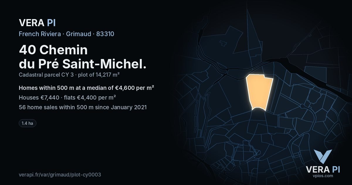 40 Chemin du Pré Saint-Michel, Grimaud at night – the plot lit, the parcels around coloured by the prices near them