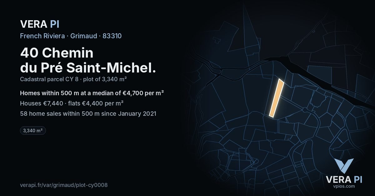 40 Chemin du Pré Saint-Michel, Grimaud at night – the plot lit, the parcels around coloured by the prices near them