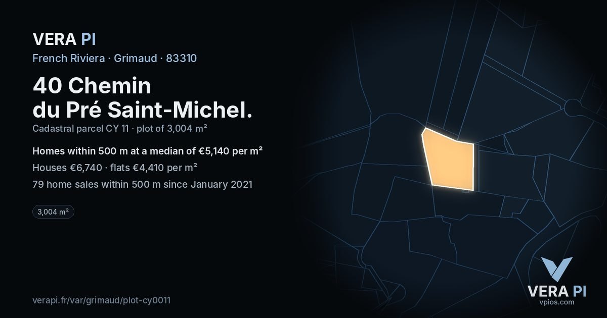 40 Chemin du Pré Saint-Michel, Grimaud at night – the plot lit, the parcels around coloured by the prices near them