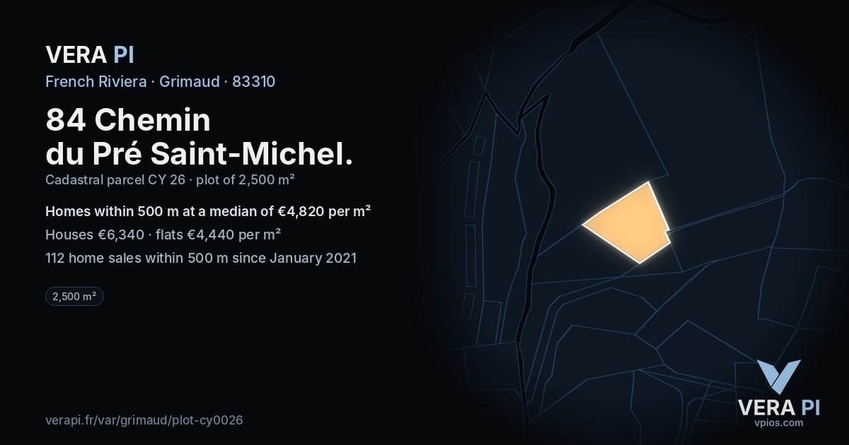 84 Chemin du Pré Saint-Michel, Grimaud at night – the plot lit, the parcels around coloured by the prices near them