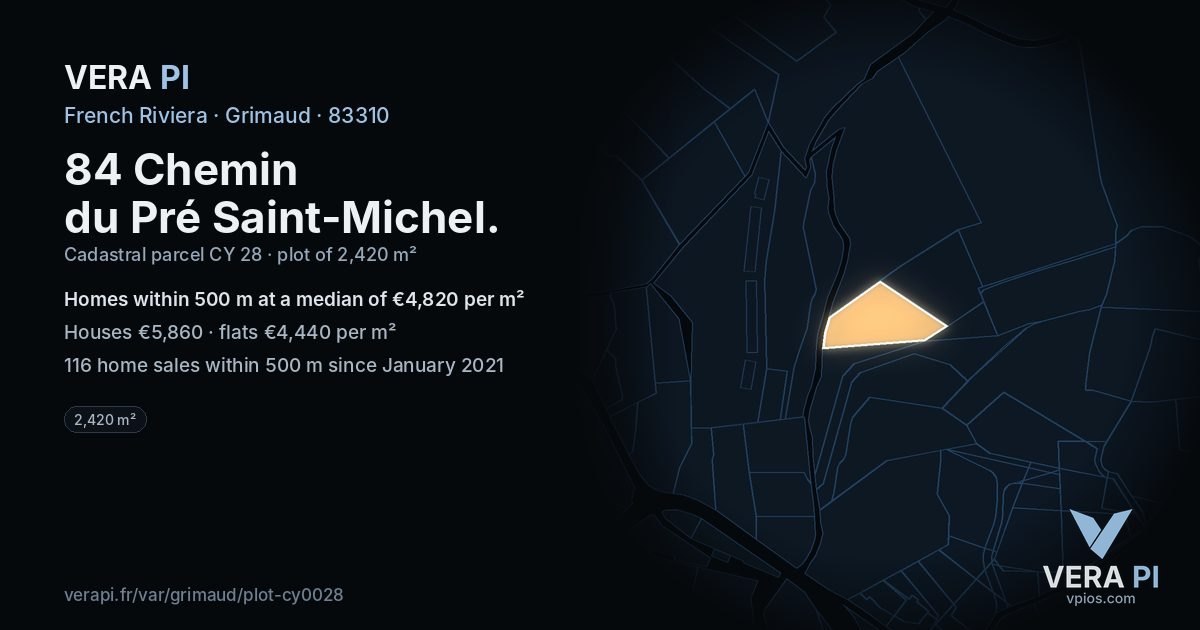 84 Chemin du Pré Saint-Michel, Grimaud at night – the plot lit, the parcels around coloured by the prices near them