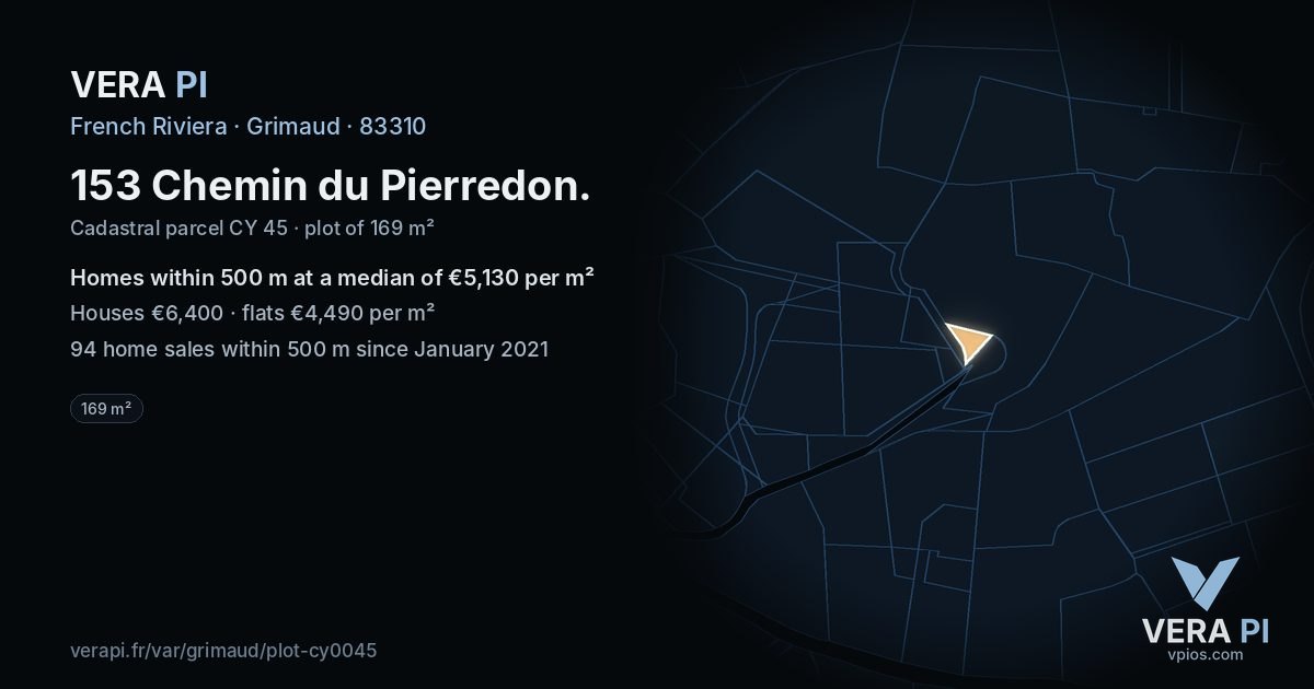 153 Chemin du Pierredon, Grimaud at night – the plot lit, the parcels around coloured by the prices near them