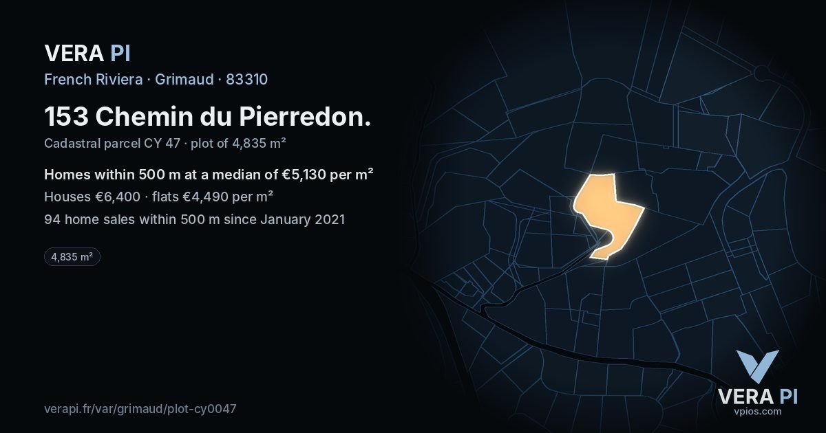 153 Chemin du Pierredon, Grimaud at night – the plot lit, the parcels around coloured by the prices near them