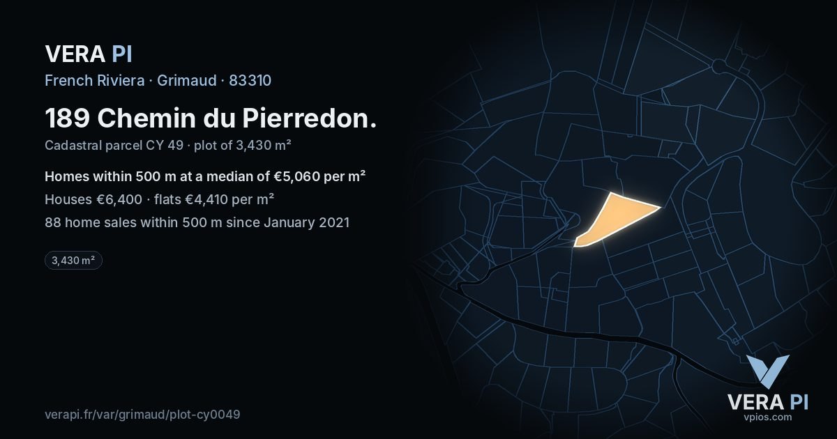 189 Chemin du Pierredon, Grimaud at night – the plot lit, the parcels around coloured by the prices near them